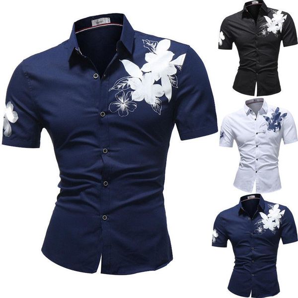 

mens slim fit flower short sleeve shirt blouse summer casual beach shirts men's fashion printed lining, White;black
