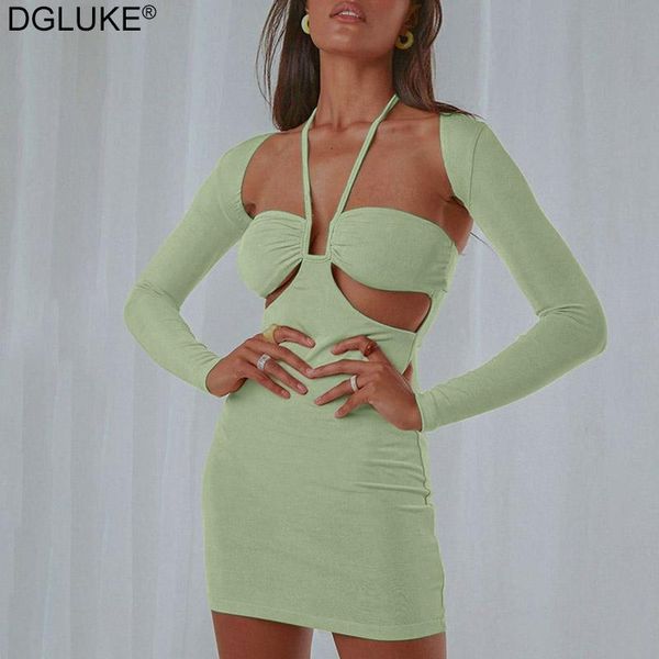 

casual dresses halter backless bodycon mini dress club cut out wrap long sleeve elegant green party, Black;gray