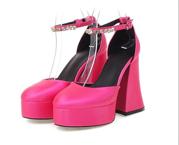 

woman crystal double platform pump dress shoe lady fashion luxurys designers round toe high heel pu sandal rhinestone shoes 35-43, Black