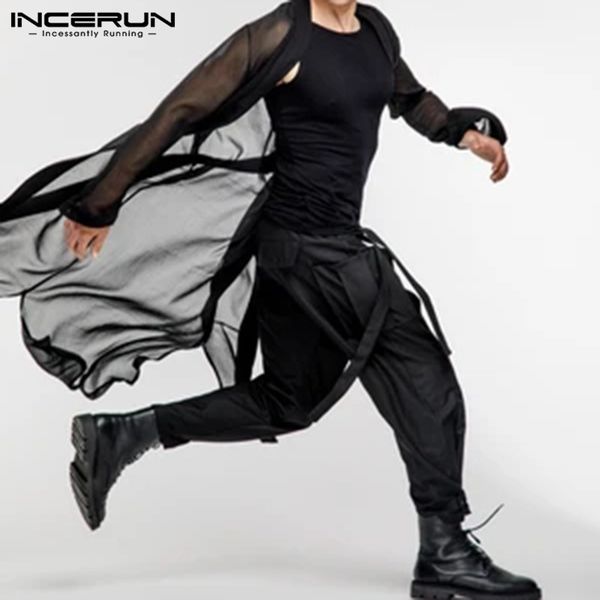 

incerun fashion mesh shirt transparent open stitch cardigan long sleeve cloak casual men streetwear plus size 200925, White;black