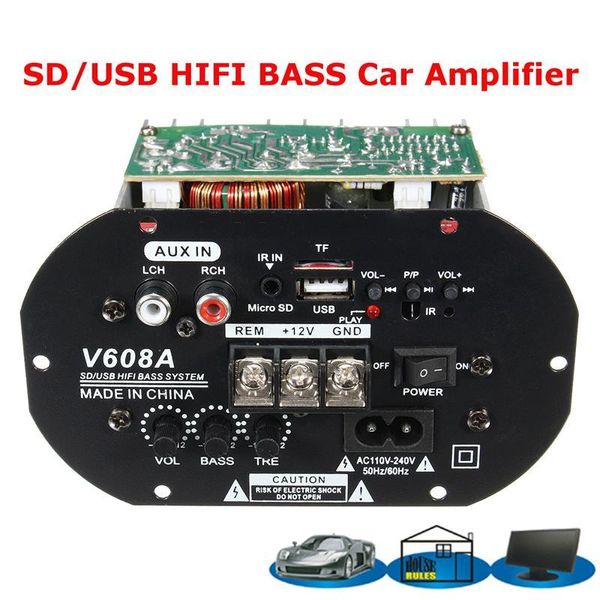 Автомобильный Audio Высокая мощность Бас 80W Автомобильный Сабвуфер Hi-Fi TF USB 12V / 110V-220V Мини Усилительская доска