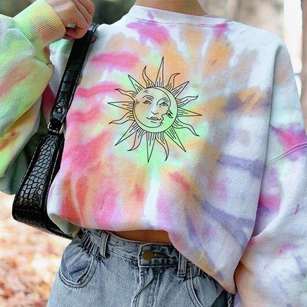 

women's hoodies & sweatshirts sun print sweatshirt 2021 harajuku o neck tie dye casual vintage streetwear jumper loose, Black