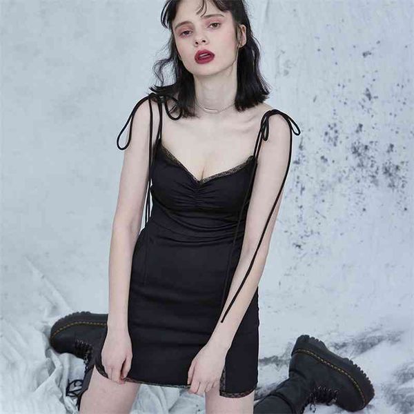 

spaghetti straps bodycon gothic black dress women streetwear black lace up mini female dress casual purple dress 210518, Black;gray