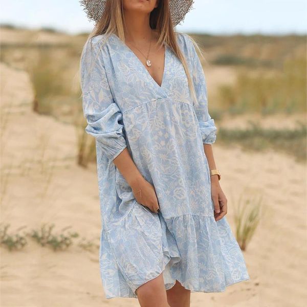 

casual dresses autumn women long sleeve floral print dress v-neck elegant loose mini fall clothes for robe vestidos, Black;gray