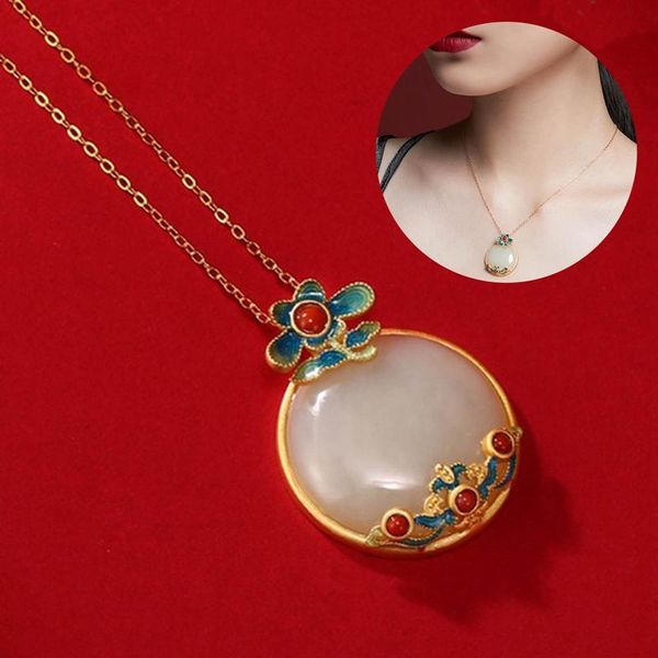 

vintage natural stone round pendant necklace charming enamel flower gold fine jewelry for women wedding party anniversary gift necklaces, Silver