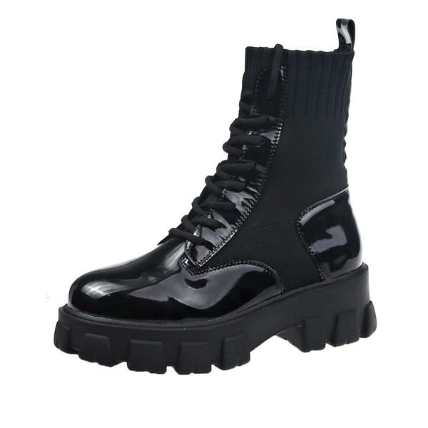 

boots winter women fashion sock patent leather black booties shoes platform flat motorcycle knitting heels