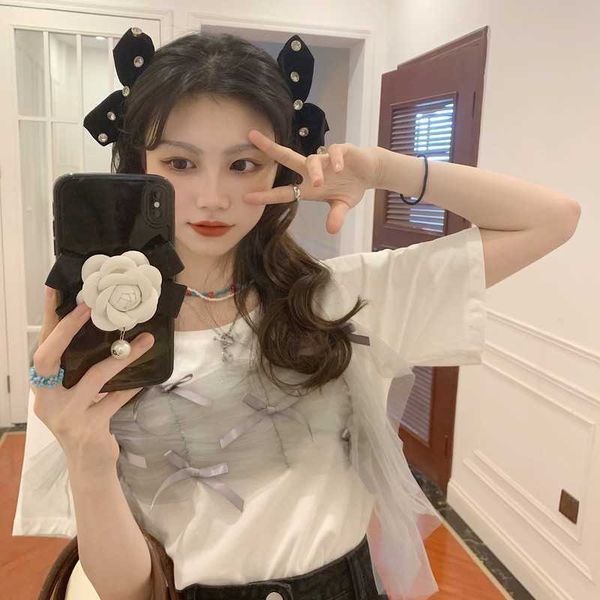 

loose white o neck short sleeve mesh stitching bow t-shirt women summer casual all-match harajuku mujer camisetas retro clothes 210610
