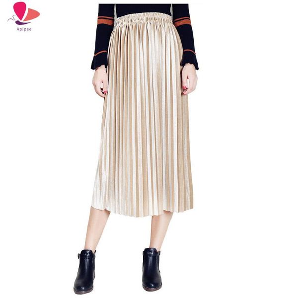 

skirts apipee 2021 autumn winter fashion skirt high waist long silk velvet pleated women striped elastic female, Black