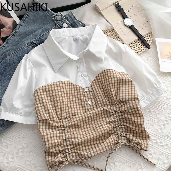 

plaid patchwork drawstring short shirt puff sleeve turn-down collar women blouses summer crop blusas 6g479 210603, White