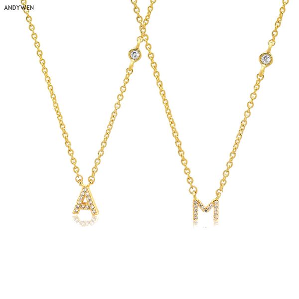 

andywen 925 sterling silver gold small 26 letters a- z zircon cz pendant monogram necklace me 2020 initial alphabet m a jewelry, Golden;silver
