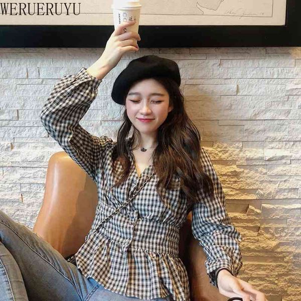 

werueruyu v-neck plaid shirt women summer lantern sleeve elastic 210608, White