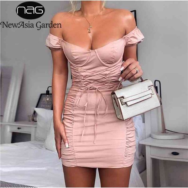 Newasia Puff Sleeve Party Kleid Frauen Sommer Schulterfrei Sexy Bodycon Kleid Korsett Lace Up Tight Mini Rued Kleid Rosa Vestido 210331