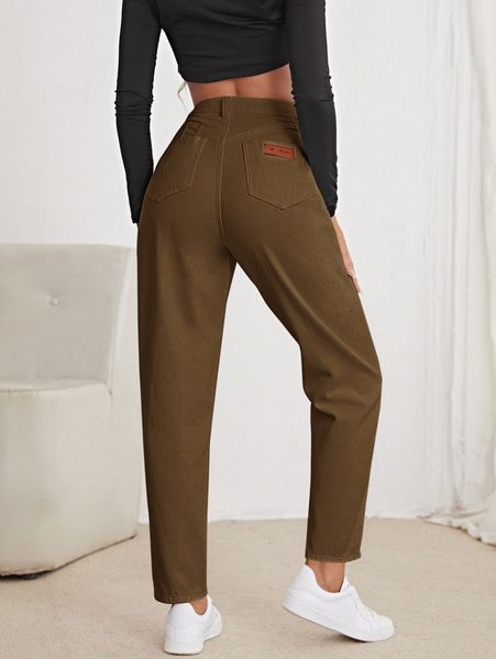 

high waist patched detail mom jeans s0gl#, Blue