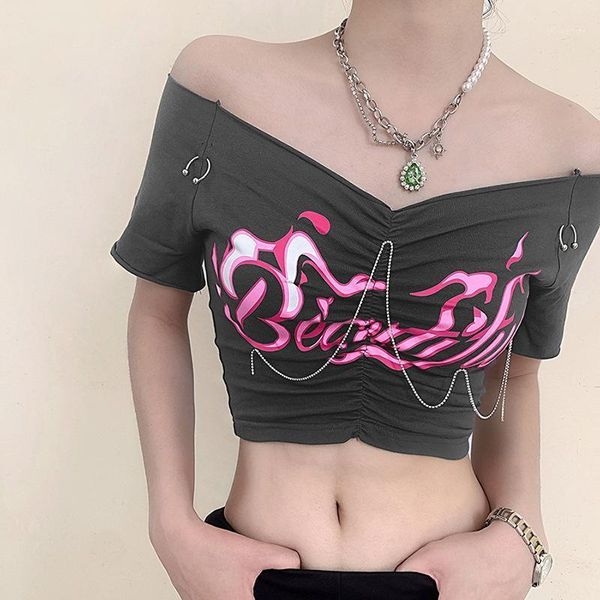 

women's t-shirt 2021 european and american style summer slim body nnavel fashion printing pleated v-neck women, White