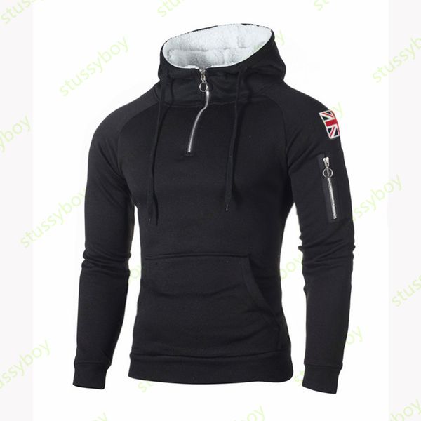 

fashion men zip pullover hoodies mens label pocket sweater man long sleeve casual loose sport size m-3xl, Black