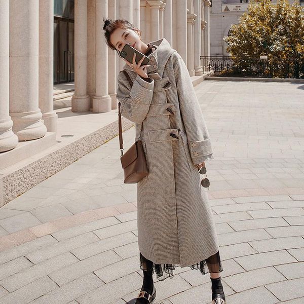 

women's wool & blends mid-length plaid woolen coat autumn and winter style japanese gentle wind korean horn buckle hood qqwwppiiww55668, Black