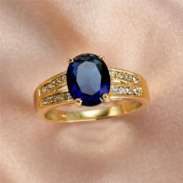 

vintage female crystal blue stone ring yellow gold color wedding big rings for women cute bride oval zircon engagement, Slivery;golden