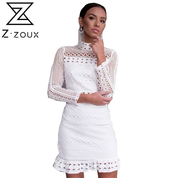 Frauen Kleid Stehkragen Rüschen Saum Weiß Spitze aushöhlen Langarm Sexy Plus Size Bohemian es 210513