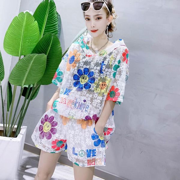 

women's tracksuits outfits female 2021 summer foreign style loose sunflower mesh lace short sleeve t-shirt shorts two-piece set, Gray