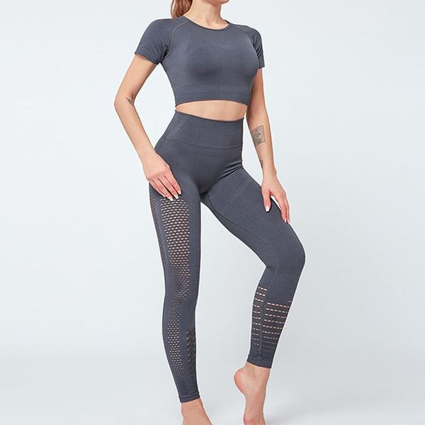 

yoga outfits women hollow short sleeve set 2 piece vital seamless sport suit gym fitness crop high waist leggings sportswear, White;red
