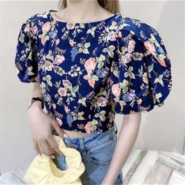 

women's blouses & shirts women'shirt summer floral printed short o-neck puff sleeve sweet casual korean style vintage 2021 fashio, White