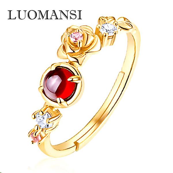 

cluster rings pomegranate ruby for woman real 100% s925 sterling silver 9k gold plated ring fashion jewelry gift, Golden;silver