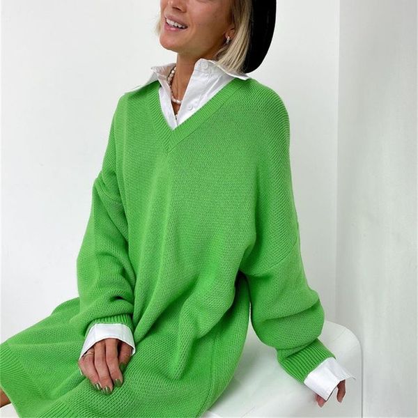 

simplee oversize drop shoulder v-neck autumn sweater women casual green long sleeve soft pullover office loose long jumpers 2021, White;black