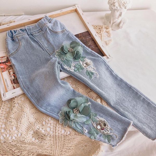 

jeans kids girls pants skinny flowers trousers for denim light children 3-8 years, Blue