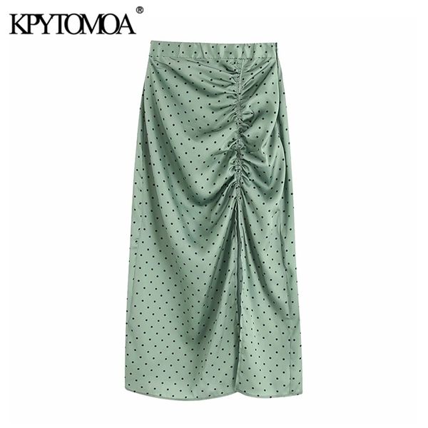 

vintage elegant polka dot pleated midi skirt women fashion elastic waist side zipper slit female skirts chic faldas mujer 210724, Black