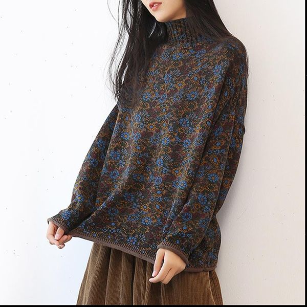 

women womens sweaters vintage turtleneck print floral autumn long sleeve knitted cotton loose korean sweater, White;black