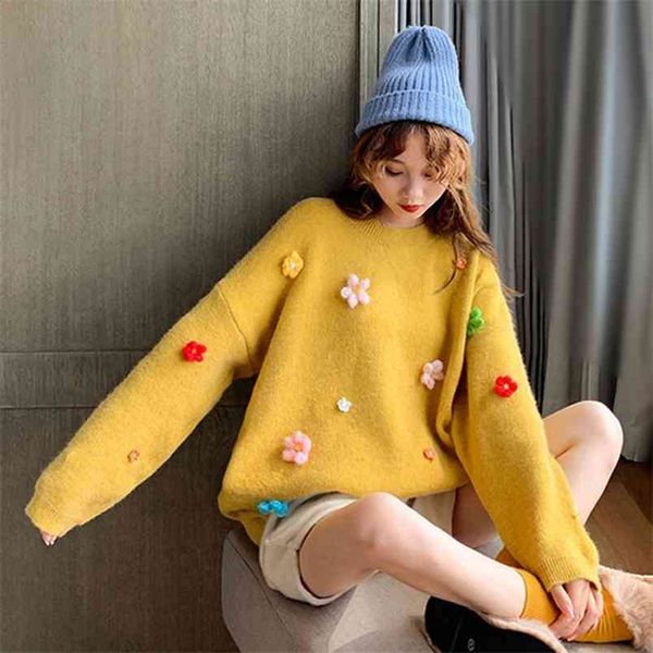 

autumn and winter women's sweater loose sets of solid color embroidery long-sleeved round neck sweet thick warm 210427, White;black