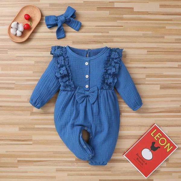 

spring baby girl rompers born baby clothes toddler flare sleeve solid lace design romper jumpsuit with headband s 210722, Blue