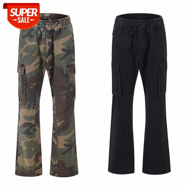 

street style brand wash water multi-pocket camouflage flared overalls with wide-leg pants for men and women #ln0x, Black