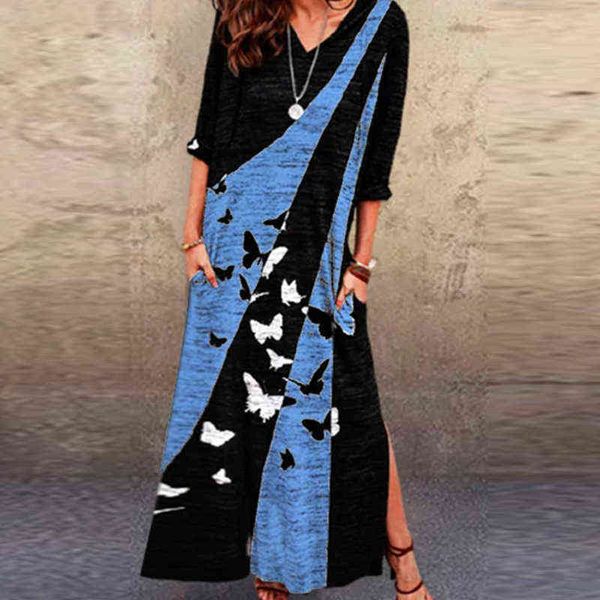 Kadın V Yaka Bölünmüş Uzun Parti Elbiseler Vintage Ekleme Kelebek Baskı Desen Elbise Rahat Sonbahar Gevşek Yarım Kollu Maxi Elbise Y1204