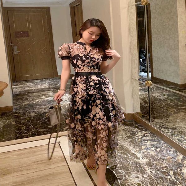 

high-end custom luxury runway designer self portrait dress summer mesh embroidery sequined flowers layers lace long dress 210706, Black;gray
