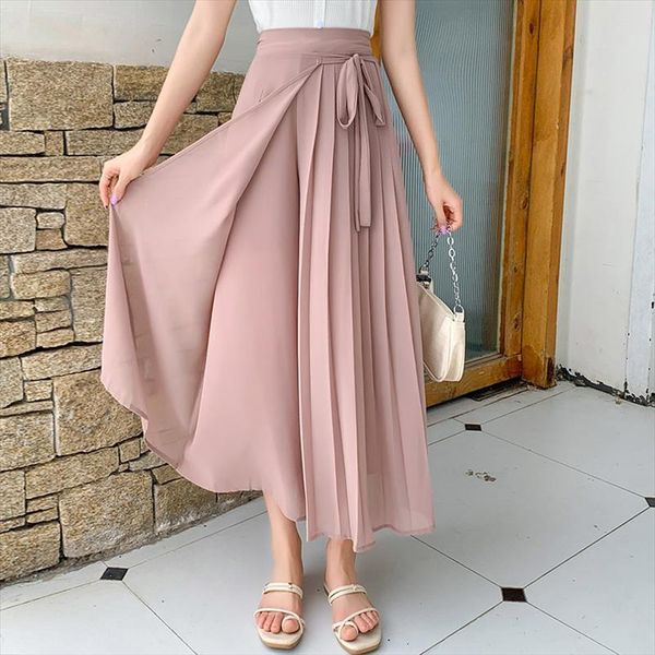 

high waist lace up women skirts wide leg pants drape all match slimming korean version loose casual nine point pant, Black