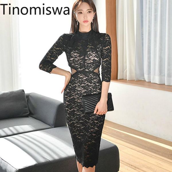 

tinomiswa elegant korean office lady dress 2021 spring high waist tight short sleeve black lace backless party dresses female casual, Black;gray