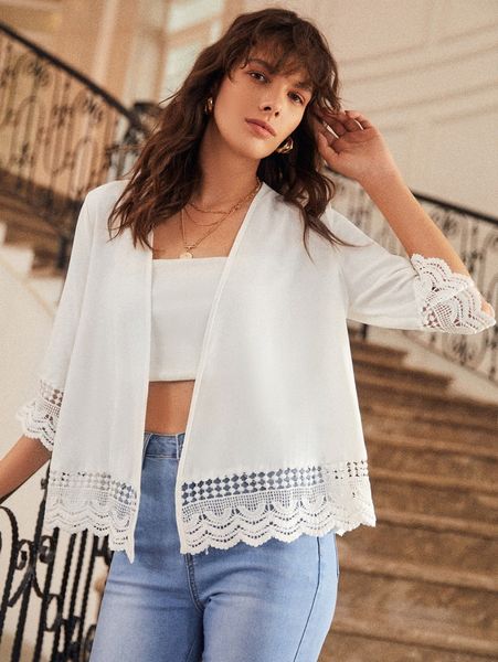 

scalloped lace trim solid kimono v786#, White;black