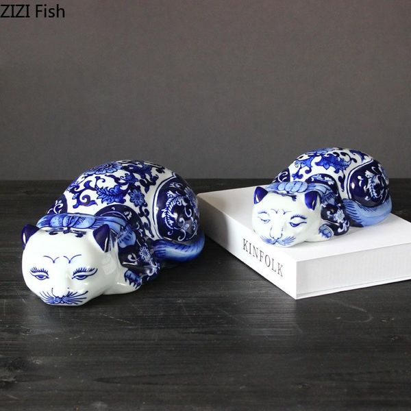 

decorative objects & figurines ceramics cat statue classical blue and white porcelain crafts ornaments vintage home decor kitten desk decora