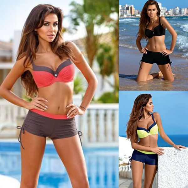 

2021 split two piece bikini boxer solid color swimsuit, Red;black