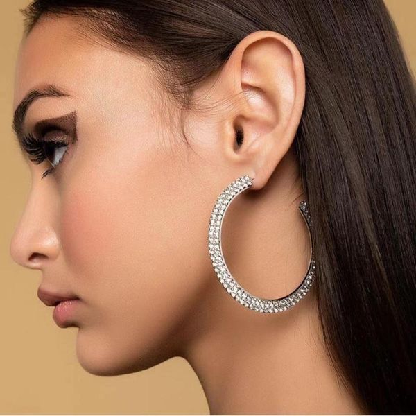 

hoop & huggie jijiawnehua trend ladies rhinestone big earrings dinner party wedding fashion temperament jewelry accessories, Golden;silver