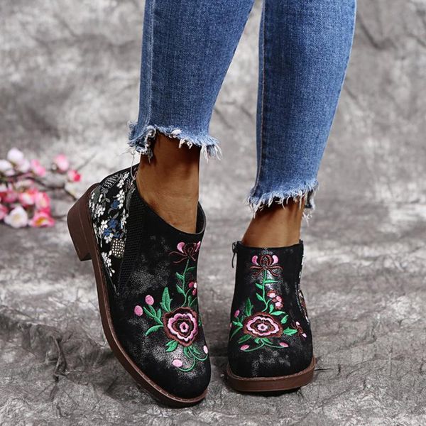 

boots women winter fashion flower pattern zip up ladies ethnic style square low heels shoes female stivali da donna, Black