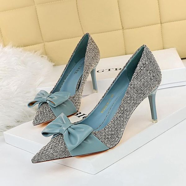 

korean fashion sweet high heels woven women's shoes shallow mouth pointed toe color matching bow single dress, Black
