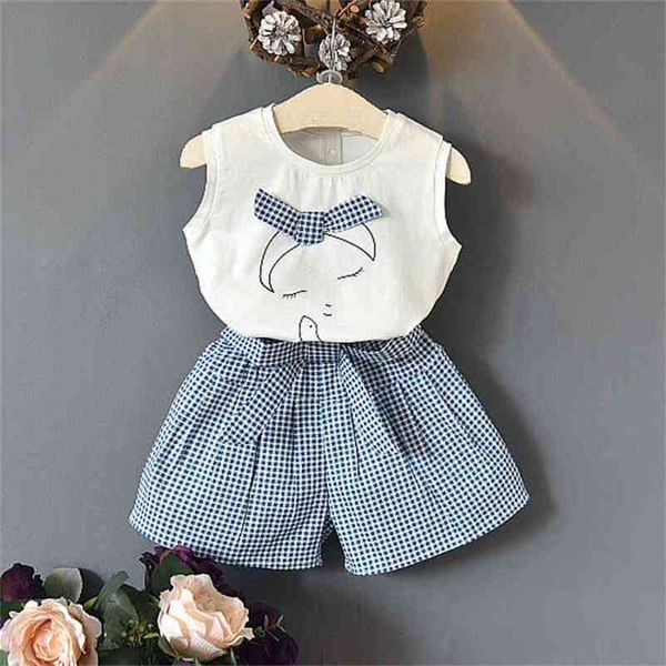 

summer girls' clothing sets cute bow korean sleeveless t-shirt + plaid shorts 2pcs suit kids clothes set children 210625, White