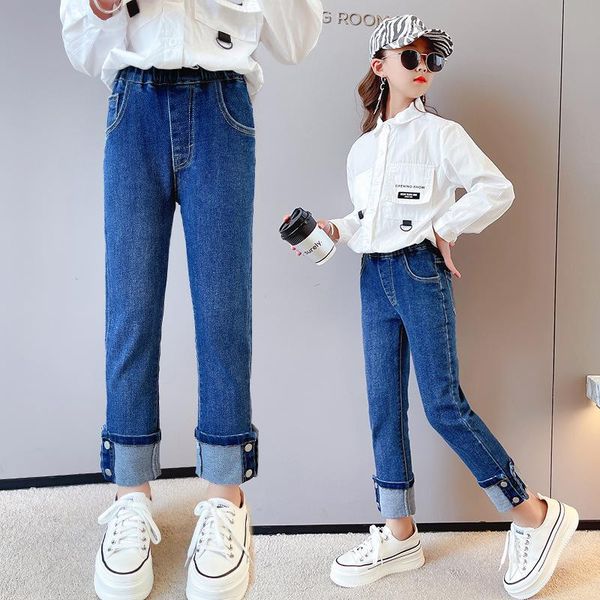 

jeans spring autumn children pants girls elastic waist blue kids straight-leg slack trousers teenager solid color denim