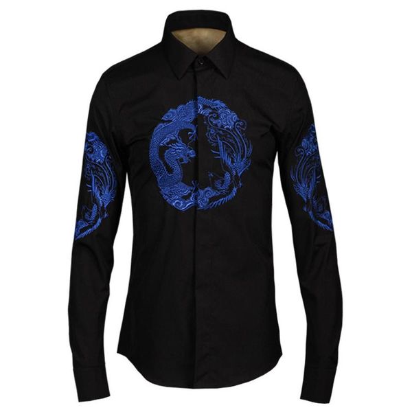 

minglu men shirt luxury unique dragon and phoenix embroidery mens shirts fashion long sleeve slim fit cotton dress men's casual, White;black