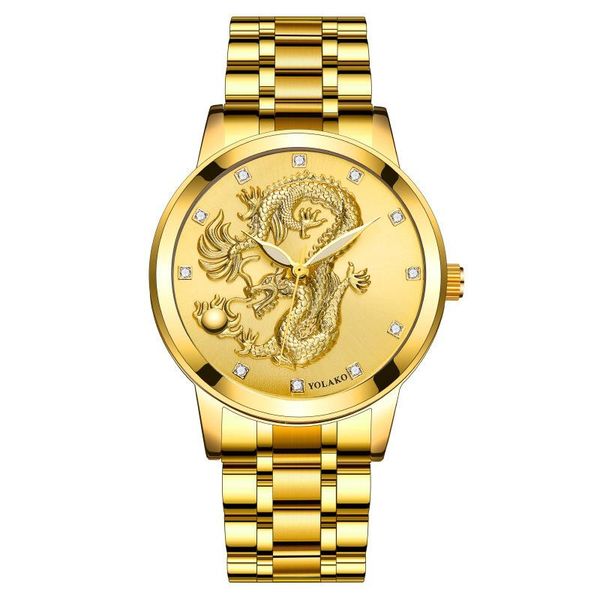 

wristwatches golden relief steel band men's watch non mechanical china dragon business, Slivery;brown