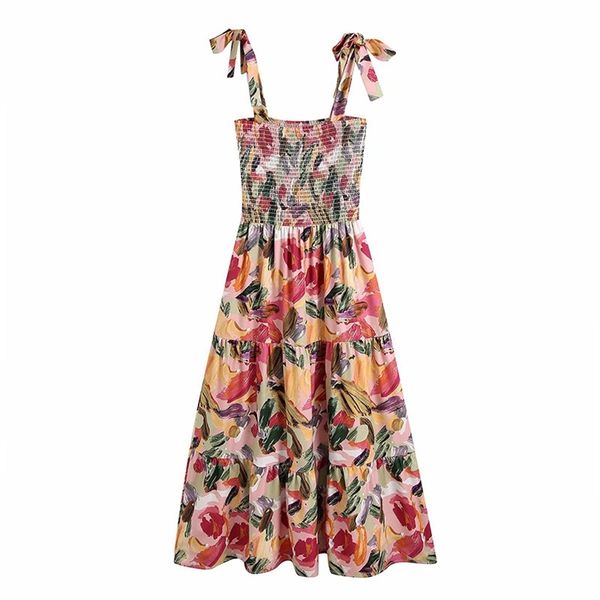 

women summer vintage print dress za sleeveless bandage bow tie fit and flare female elegant floral dresses vestidos 210513, White