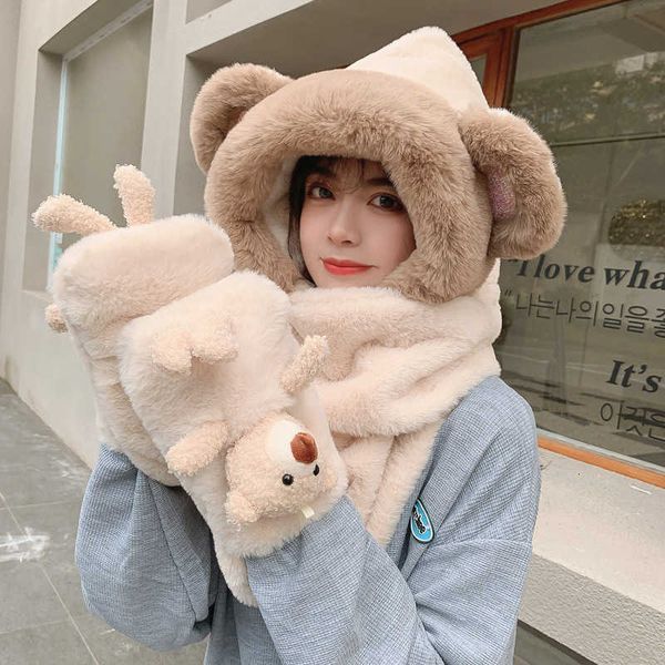 

imitation rabbit hair cute bear hat scarf glov three piece set women's winter versatile warm plush bib ear cap, Blue;gray