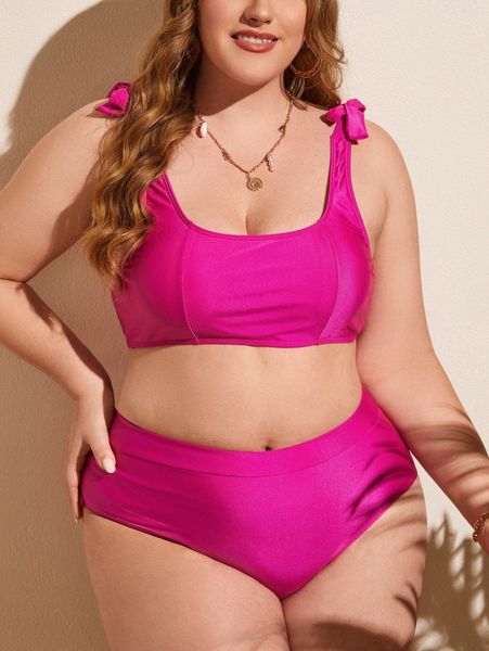 

plus knot shoulder high waisted bikini swimsuit v9tx#, Black